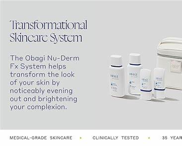 Obagi Nu-derm FX skincare system for normal to dry skin, featuring bottles of cleanser, moisturizer, and treatment products.