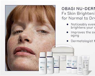 Obagi Nu-derm FX skincare system for normal to dry skin, featuring bottles and skincare products arranged for skin transformation.