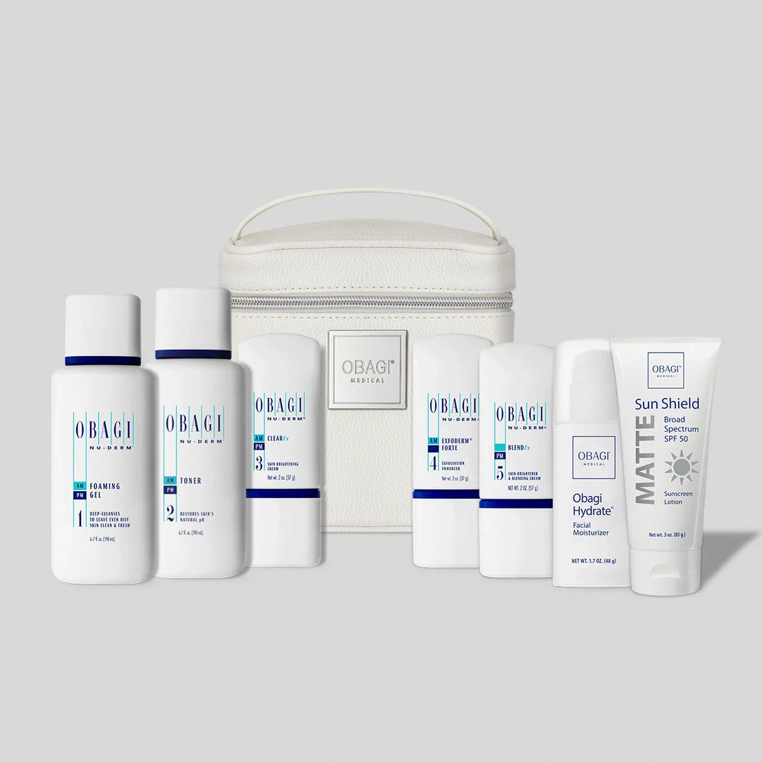 Obagi Nu-derm FX Skin Transformation System for normal to oily skin, featuring skincare products in a sleek white box.