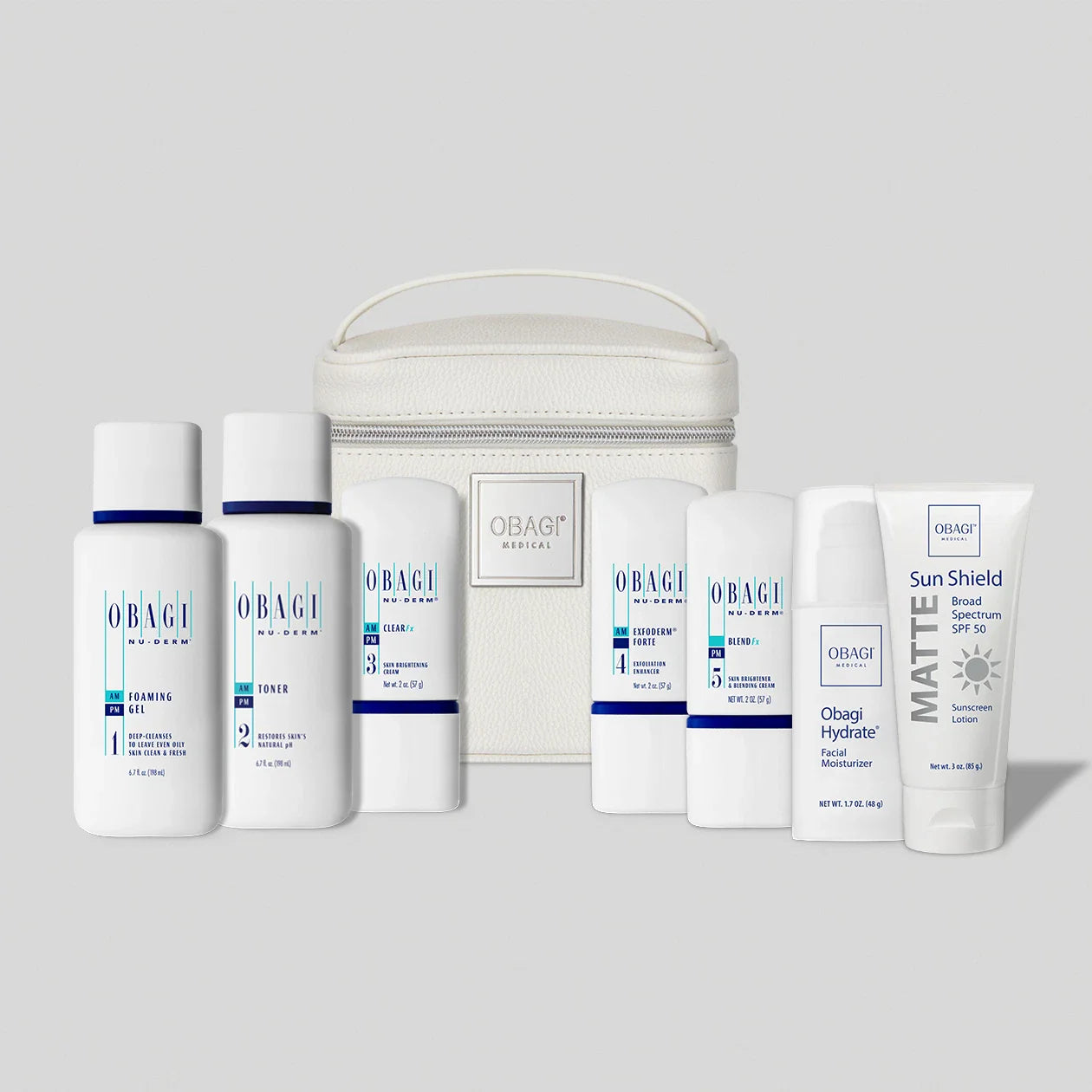 Obagi Nu-derm FX Skin Transformation System for normal to oily skin, featuring skincare products in a sleek white box.