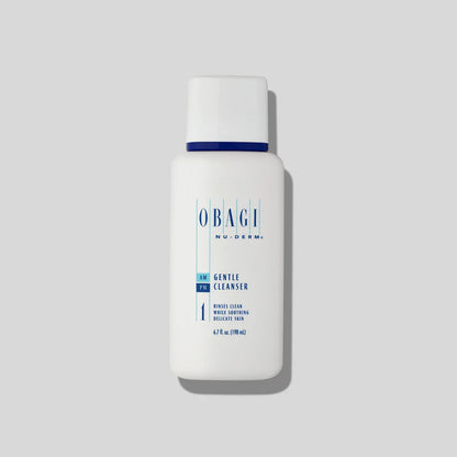 Obagi Nu-Derm Gentle Cleanser for skincare, featuring a clear bottle with white and blue label, suitable for daily hydrating cleansing.