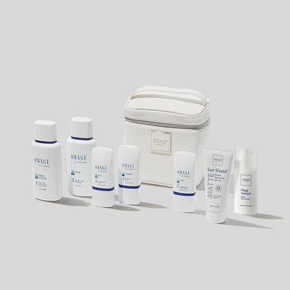 Obagi Nu-derm FX Skin Transformation System for normal to dry skin, featuring skincare products with clean packaging and applicators.