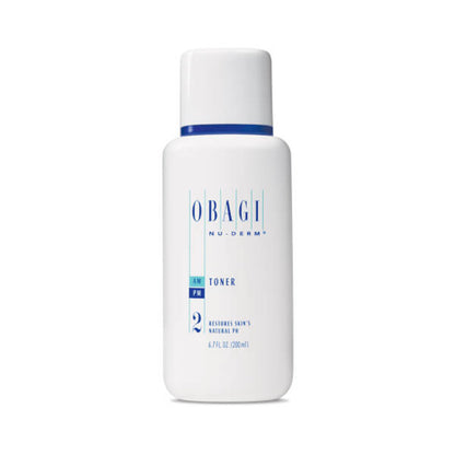 Obagi Nu-Derm Balancing &amp; Clarifying Toner for skincare, featuring clear liquid in a bottle with a white cap.
