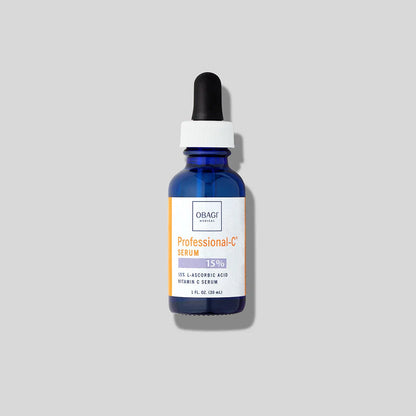 Obagi Professional-C 15% vitamin C serum in a 30ml bottle, skincare product with orange and white packaging.