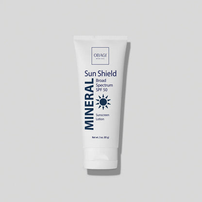 Obagi Sun Shield Mineral SPF50 Matte sunscreen in a tube, providing broad-spectrum sun protection with a matte finish.
