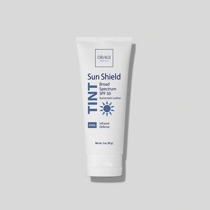 Obagi Sun Shield Tint Cool SPF50 skincare product with tinted formula and broad-spectrum sun protection in a tube.