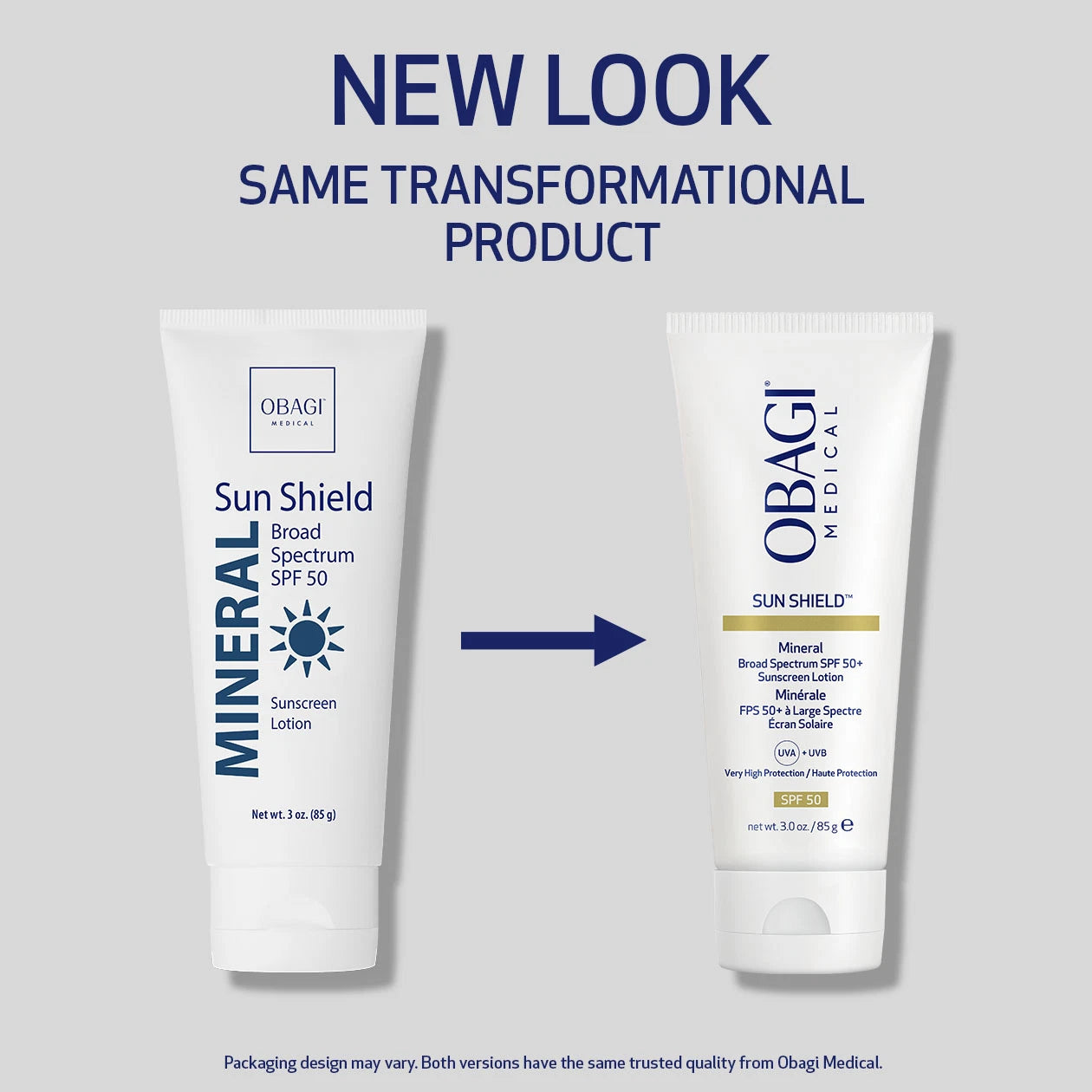 Obagi Sun Shield Mineral SPF 50 packaging comparison.