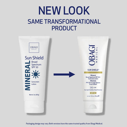 Obagi Sun Shield Mineral SPF 50 packaging comparison.