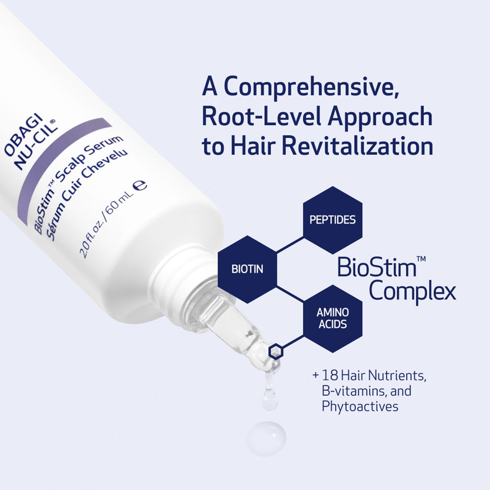 Obagi Nu-Cil BioStim scalp serum bottle with applicator tip, 60ml, for hair care and scalp revitalization.