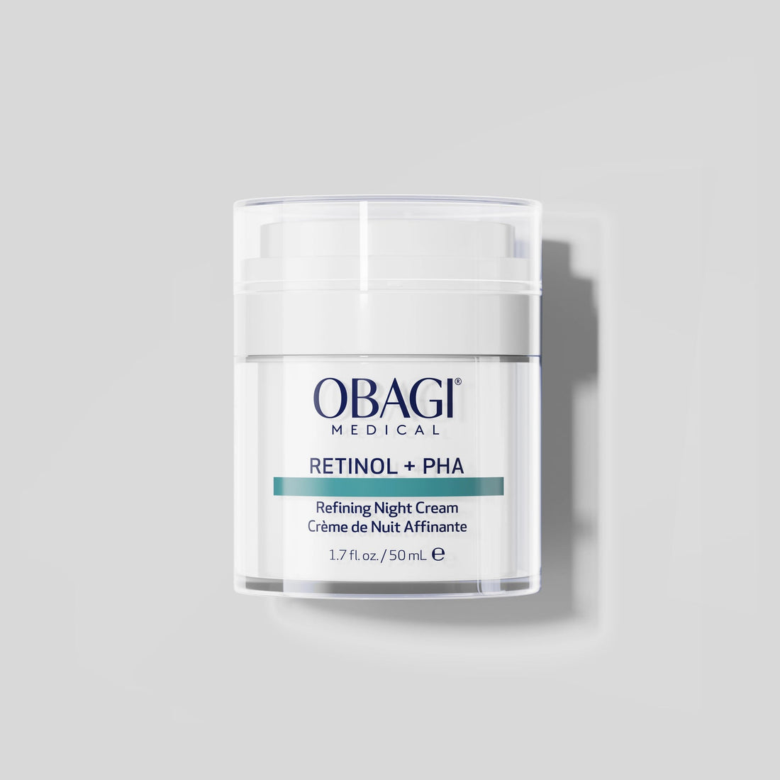 Obagi Retinol + PHA Refining Night Cream in 50ml jar, showcasing the skincare product with a sleek container.