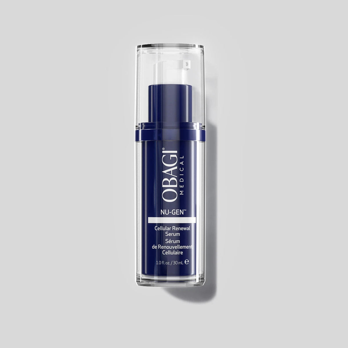 Obagi Nu-Gen Cellular Renewal Serum in a 30ml bottle, skincare product with clear glass container and pump dispenser.